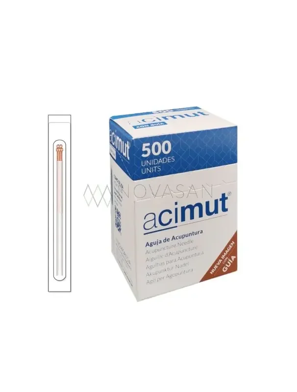 Aguja siliconada de acupuntura con mango de cobre con cabeza y con guía marca Acimut 500 uds.