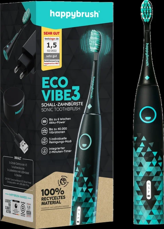happybrush ECO VIBE 3 – Cepillo de Dientes Eléctrico Negro y Menta